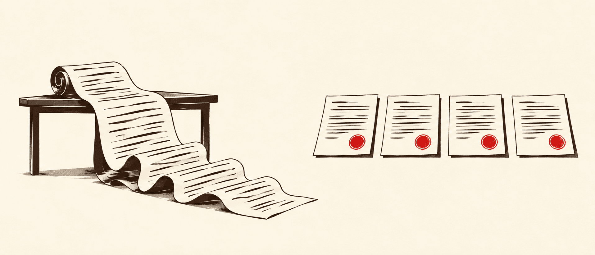 One overflowing paper scroll next to four short pages, each stamped once in red