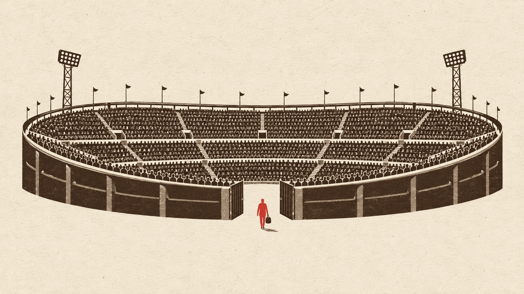 A full stadium of small ink figures, one figure in red walking out through the gate