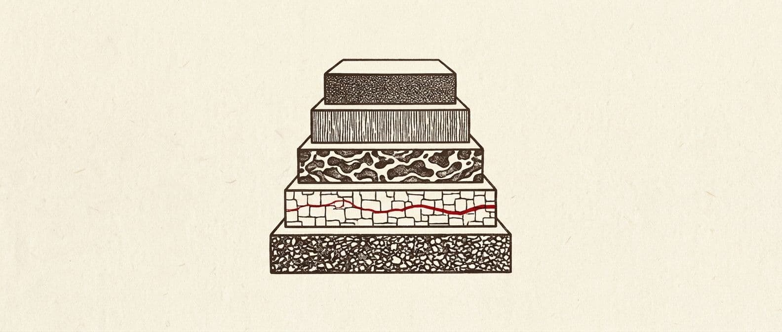 A stack of five flat layers seen from the side, labelled only by shape, with a small red crack running through the second layer from the bottom